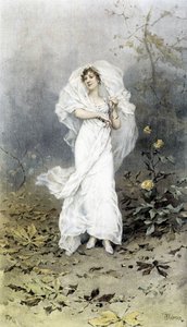 Vrouw in een bos - Allegorie van de herfst, kalender geïllustreerd door Hubert Dys, geschilderd door F.H. Kaemmerer