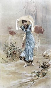 Vrouw die zichzelf beschermt tegen de regen - allegorie van vroege herfst, kalender geïllustreerd door Hubert Dys, geschilderd door F.H. Kaemmerer