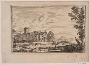 Kloostergebouw, links in Italiaans landschap