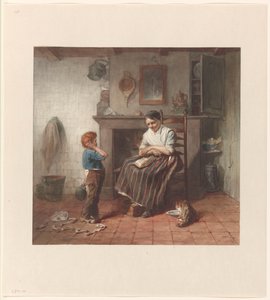 Interieur met een jongetje, een vlieger en een vrouw door Frederik Willem Zürcher