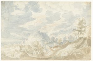 Berglandschap met een gezicht op een dal en een kerktoren door Frederik van Valckenborch