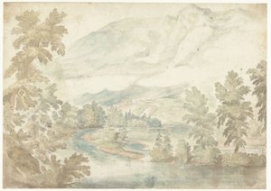 Bocht in een rivier stromend door een dal met hoge bergen door Frederik van Valckenborch