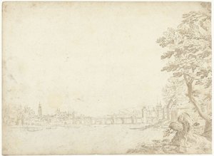 Gezicht op een stad aan een rivier (de Donau?) door Frederik van Valckenborch