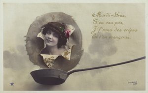 Het hoofd van een vrouw breekt door boven een pannenkoekenpan door French Photographer