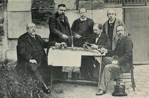 Beenderen van een jonge man, opgegraven in 1846, ten onrechte toegeschreven aan Lodewijk XVII, van links naar rechts, Magitot, de Backer, Quétin, Bilhaut, Talrich, Manouvrier