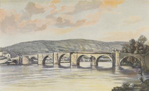 Cahors, Ensemble van de Pont Neuf, uitzicht stroomopwaarts op de rechteroever