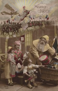 Kerstman geeft cadeautjes aan kinderen, met Eerste Wereldoorlog gevecht op de achtergrond