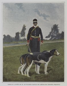 Hond en jager in de livrei van de jacht van Vicomte Gaetan de Chezelles, Frankrijk (kleurenfoto) door French Photographer