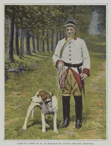 Hond en jager in de livrei van de jacht van de Markies de l