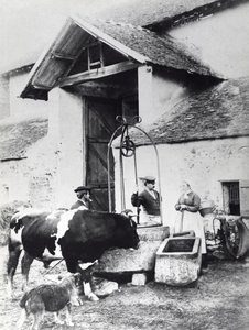 Boeren rond een put, op een boerenerf, ca. 1860-70