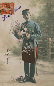 Soldaat met een bos bloemen, nieuwjaarskaart