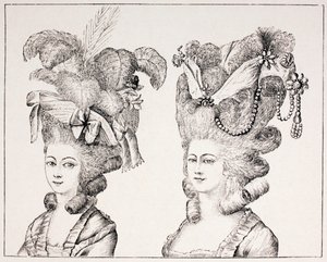 18e-eeuwse Franse meisjes met extravagante kapsels en hoeden, 1875 door French School