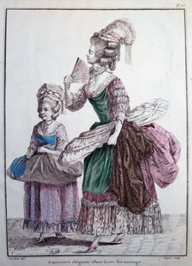 18e-eeuwse mode: een elegante ontwerpster levert haar werk af, een onderrok versierd met walvisbaleinen gebruikt om de jurk van vrouwen te ondersteunen. Gravure uit 1778 Parijs, decoratieve kunsten