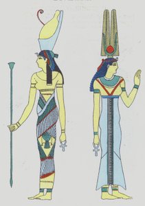 Afbeelding uit 1920 van godheden uit het oude Egypte (kleurenlitho)