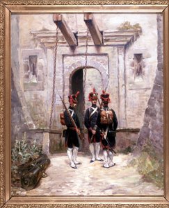 3 converterende kanonniers, schilderij 65 x 58 cm, olieverf op doek door De Villeneuve, militair schilder laat 19e eeuw