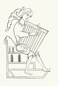 Een 9e-eeuwse muzikant die een muziekinstrument bespeelt, bekend als een psalterium, uit 