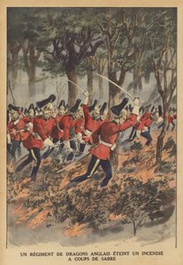 Een Brits regiment dragonders gebruikt hun zwaarden om een brand te blussen door French School