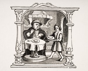 Een burger die zijn maaltijd eet, naar een illustratie in een 16e-eeuws manuscript, uit Le Moyen Age et La Renaissance door Paul Lacroix (1806-84) gepubliceerd in 1847 door French School