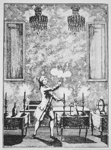 Een demonstratie van goochelen uit La magie Blanche devoilee door Decremps, 1659, geïllustreerd in een Geschiedenis van de Magie, gepubliceerd eind 19e eeuw door French School