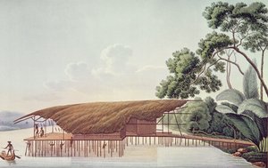 Een woonhuis boven water, Doreri, Papoea Golf, uit Voyage autour du Monde sur la Corvette La Coquille door Louis Isidore Duperrey