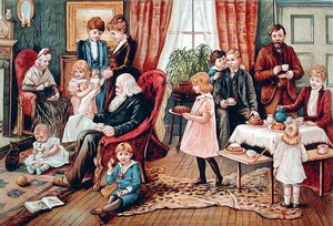 Een familie die thee drinkt, ca. 1900 door French School