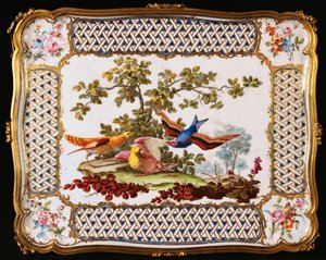 Een Louis XV Sevres dienblad versierd met drie exotische vogels in een landschap, vormend de bovenkant van een koffietafel, 1761 door French School