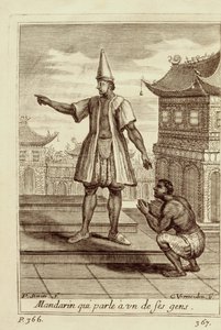 Een Mandarijn man die met een van zijn mensen praat, uit Voyage du Siam des Peres Jesuites door Guy Tachard, 1688 door French School