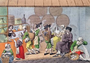 Een bijeenkomst van kunstenaars, modderkrabbers en voddenhandelaren, karikatuur van een populair café in het Palais Royal in Parijs, c.1800