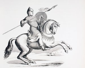 Een Normandische ridder gekleed in maliënkolder en helm met speer en schild door French School