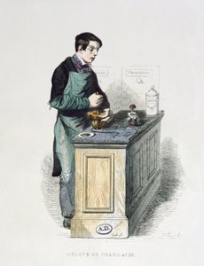 Een farmaciestudent die medicijnen bereidt, illustratie uit Les Francais peints par eux-memes, Editions L. Curmer, 1841 (kleurgravure)