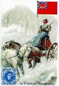 Een postbode in Engeland die post bezorgt in de winter, eind 19e eeuw