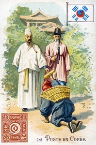 Een postbode in Korea die een brief bezorgt, eind 19e eeuw