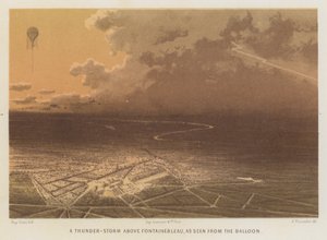Een donderstorm boven Fontainebleau, gezien vanuit de ballon (kleurenlitho) door French School