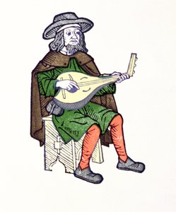 Een Troubadour die luit speelt, uit de vroege 13e-eeuwse chantefable Aucassin et Nicolette