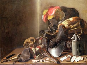 Een Vanitas Stilleven met een Schedel, Speelkaarten en Wapenrusting, ca. 1650 door French School