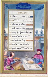 Een Victoriaans kalendersheet voor februari met een illustratie uit het Getijdenboek van Anne de Bretagne (1488-1514) door French School