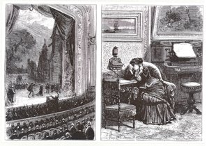 Een vrouw die thuis naar een operavoorstelling luistert via de Ader-Bell telefoon en Aders arrangement voor muziektransmissie, uit Les Nouvelles Conquetes de la Science door Louis Figuier