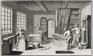 Een boekbinderswerkplaats, uit de Encyclopedie des Sciences et Metiers door Denis Diderot (1713-84) gepubliceerd ca. 1770