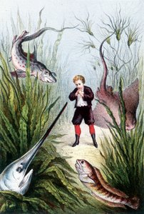 Een jongen omringd door gigantische vissen - in "Reis naar de bodem van de zee" door H. de la Blanchère. Parijs, ed. Jouvet et Cie, sd. 1880