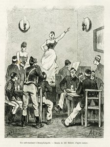 Een cafézang in Bourg Leopold. Gravure door A.Hubert ter illustratie van het verhaal La Belgique, door Camille Lemonnier, in le tour du monde 1886, onder leiding van Edouard Charton, Hachette, Parijs. door French School