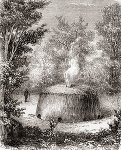 Een houtskooloven in het bos, naar een 19e-eeuwse tekening, uit Les Merveilles de la Science, gepubliceerd ca. 1870 door French School
