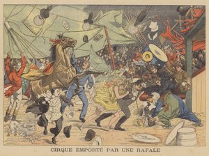 Een circustent meegesleurd door een windvlaag (kleurenlitho) door French School