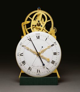 Een close-up van de wijzerplaat en het uurwerk van een Louis XVI verguld en gepatineerd brons-gemonteerde mahonie lange klok met jaarkalender en tijdsvergelijking, c.1790