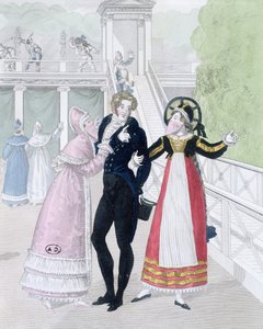 Een dandy die wordt verleid door twee gemaskerde vrouwen, uit de serie Le Bon Genre door French School