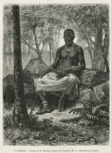 Een feticheur, tovenaar die de magische kracht van fetiches kan gebruiken, tekening door D. Maillart, ter illustratie van het verhaal van een reis naar Gabon en de Ogoue-rivier, in 1875-1877, door Alfred Marche. Gravure in Le tour du monde door French School