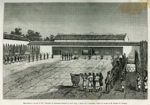 Een hoorzitting bij het hof van Hue (Vietnam), ontvangst van de Franse ambassade, 14 april door French School