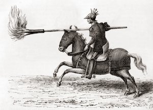 Een middeleeuwse ridder met een vuur lans, een van de eerste buskruitwapens ter wereld, uit Les Merveilles de la Science, gepubliceerd ca. 1870 door French School
