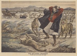 Een koopman aangevallen door een roedel wolven in Transsylvanië (kleurenlitho)