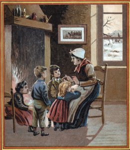 Een moeder vertelt verhalen aan haar kinderen bij het vuur. Omslag van het boek "Les tales du foyer pour les petits". Anonieme gravure uit de 19e eeuw. door French School