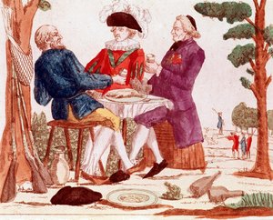 Een boer, geestelijke en aristocraat eten samen een konijn aan een tafel